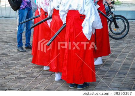 Girls in red samurai costumes at the festival  39290397