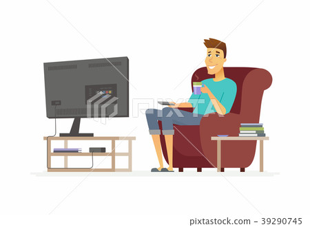 Young man watching TV - cartoon people character Young man watching TV - cartoon people character 39290745
