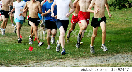 High school boys running a cross country race 39292447