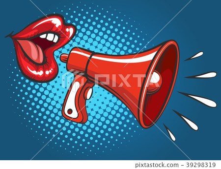 Popart girl mouth screaming in megaphone Popart girl mouth screaming in megaphone 39298319