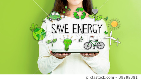 Save Energy with woman holding a tablet 39298381