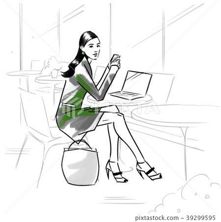 Fashion illustration of a girl in a cafe with note 39299595