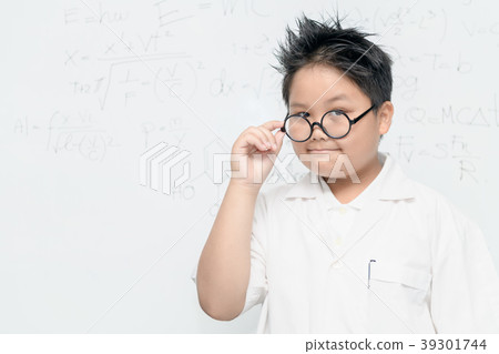 Happy scientist boy wear glasses on white board Happy scientist boy wear glasses on white board 39301744