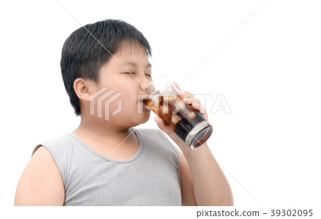 Obese fat boy drinking cola isolated on white 39302095