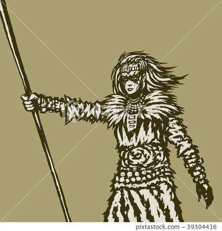 Woman warrior holds a spear in her right hand. Woman warrior holds a spear in her right hand. 39304416