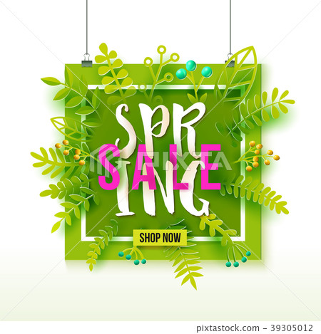 Spring sale with paper leaves banner Spring sale with paper leaves banner 39305012