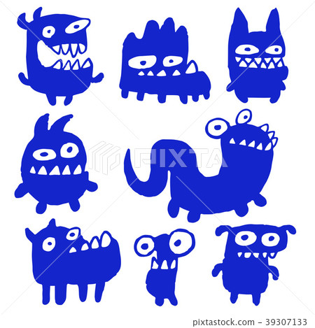 Cartoon Blue Flat Monsters. Vector Illustration. Cartoon Blue Flat Monsters. Vector Illustration. 39307133