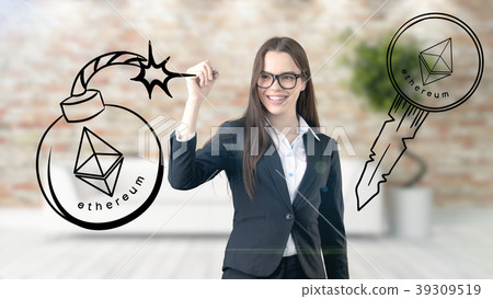 Ethereum sketch with young businesswoman in a suit 39309519