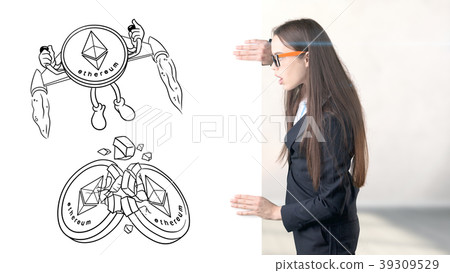Ethereum sketch with young businesswoman in a suit 39309529
