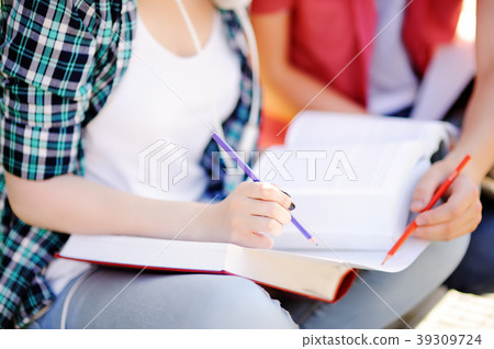 young happy students with books and notes outdoors young happy students with books and notes outdoors 39309724