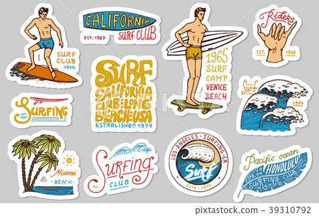 Vintage surfer badges. Tropical stickers and 39310792