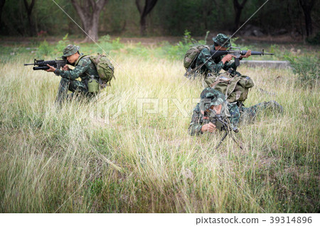 Squad of soldiers patrolling across forest area. 39314896