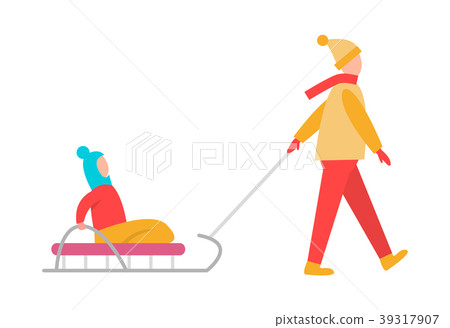 Father Carrying Child Sledge Vector Illustration 39317907