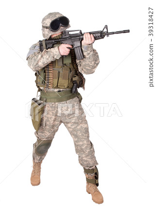 US soldier with assault rifle on white background 39318427
