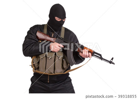 terrorist in black and mask with kalashnikov terrorist in black and mask with kalashnikov 39318855