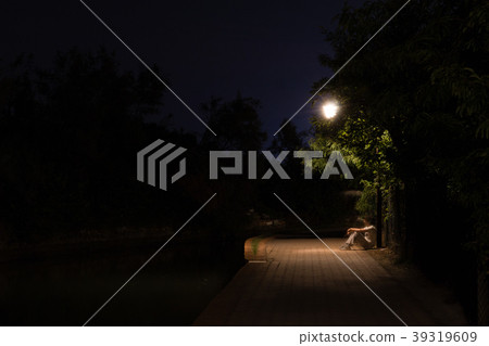 Double exposure night scene of man sitting in the 39319609