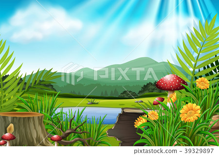 Background scene with mountain and lake 39329897