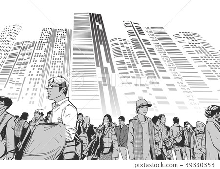 Illustration of city crowd with tall buildings Illustration of city crowd with tall buildings 39330353