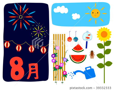 插圖素材集八月（向日葵，西瓜，風鈴，夜空，煙花等） 39332333