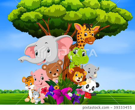 圖庫插圖: many animal hiding behind a tree