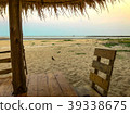 Close up of chairs set with umbrella and bird 39338675
