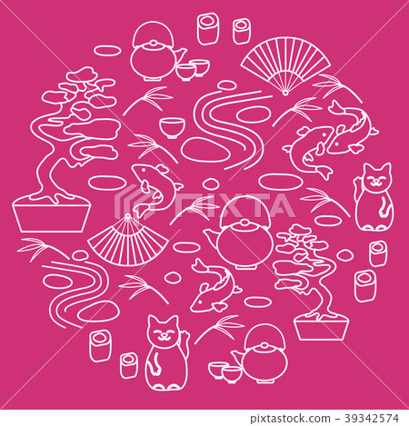 bonsai tree, teapot with two cups, minimal rock 39342574