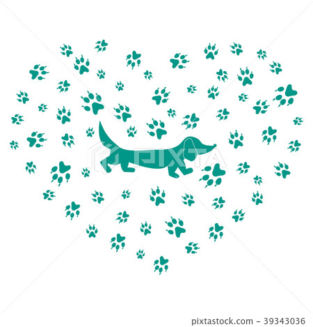 dachshund silhouette on a background of dog tracks 39343036