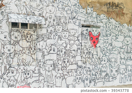 Wall of old vintage house with simple cat and dog Wall of old vintage house with simple cat and dog 39343778