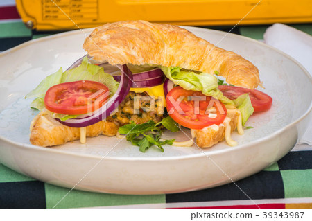 Ham Cheese Croissant with Bacon and salad 39343987