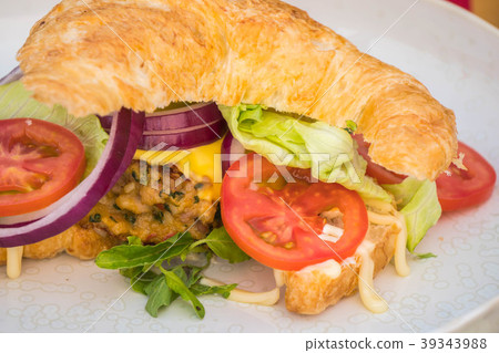 Ham Cheese Croissant with Bacon and salad Ham Cheese Croissant with Bacon and salad 39343988