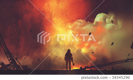 brave firefighter facing the explosion brave firefighter facing the explosion 39345290
