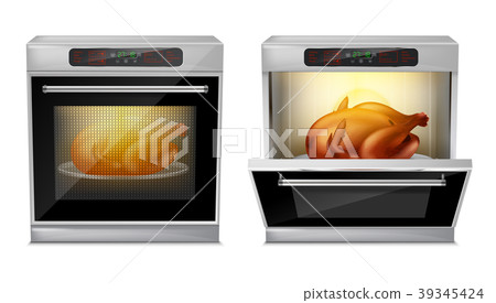 Vector realistic oven with turkey on plate inside 39345424