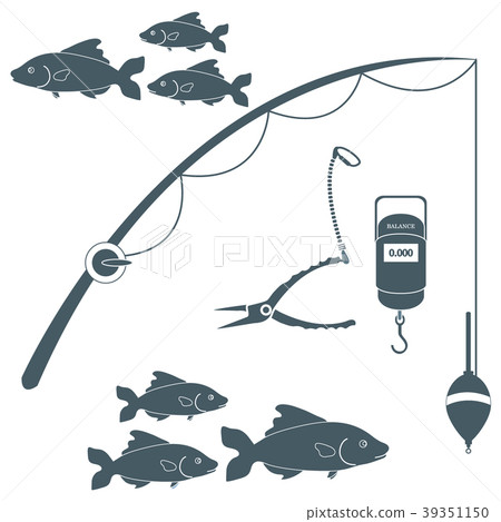 Stylized icon set of different tools for fishing Stylized icon set of different tools for fishing 39351150