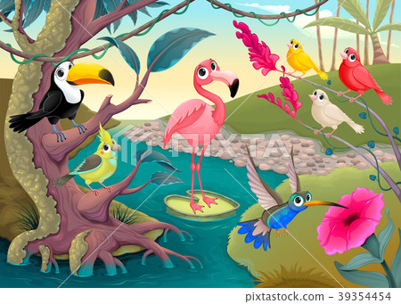 Group of funny tropical birds in the jungle Group of funny tropical birds in the jungle 39354454