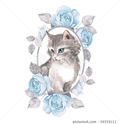 Cat. Cute kitten and blue roses Cat. Cute kitten and blue roses 39359111