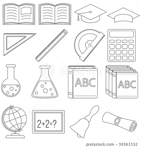 Line art black and white school set 16 elements. Line art black and white school set 16 elements. 39361532