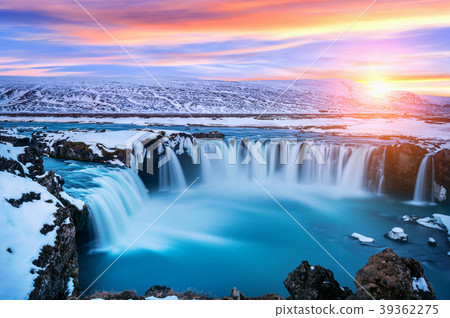 Godafoss waterfall at sunset in winter, Iceland. 39362275