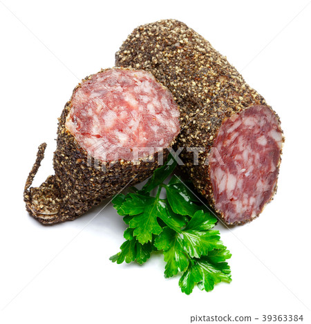 Dried organic salami sausage covered with pepper Dried organic salami sausage covered with pepper 39363384