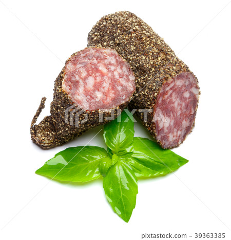 Dried organic salami sausage covered with pepper Dried organic salami sausage covered with pepper 39363385