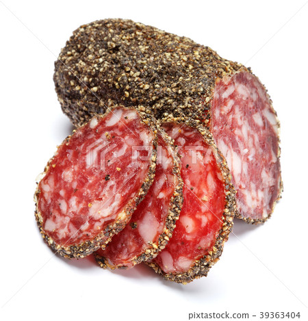 Dried organic salami sausage covered with pepper Dried organic salami sausage covered with pepper 39363404
