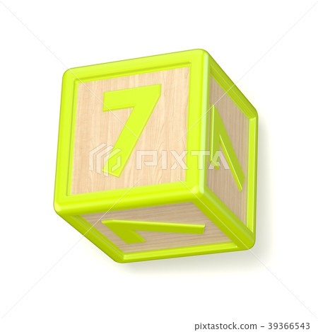 Number 7 SEVEN wooden alphabet blocks rotated. 3D Number 7 SEVEN wooden alphabet blocks rotated. 3D 39366543
