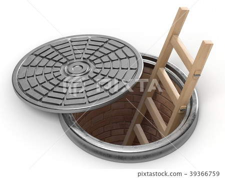 Opened street manhole with wooden ladder inside 3D Opened street manhole with wooden ladder inside 3D 39366759
