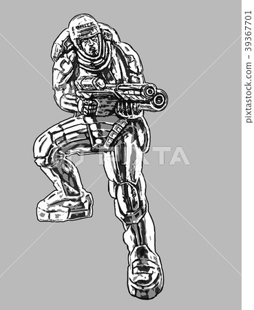 Soldier in armor suit with large rifle. Vector 39367701