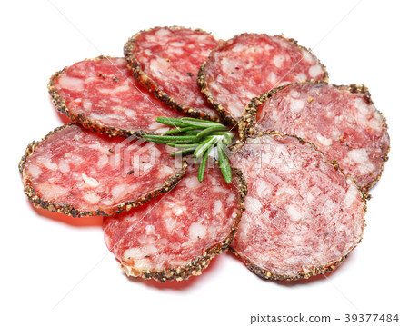Dried organic salami sausage covered with pepper 39377484