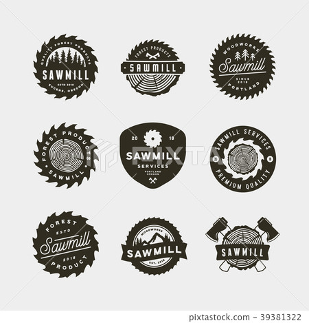 set of sawmill logos. retro styled woodwork 39381322