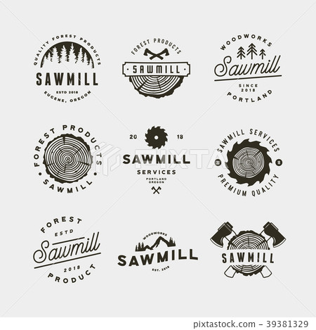 set of sawmill logos. retro styled woodwork 39381329