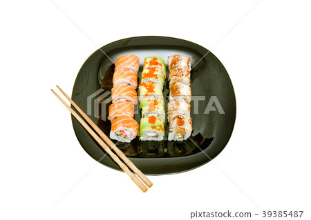 Black plate with various rolls. Food concep Black plate with various rolls. Food concep 39385487