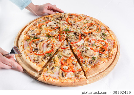 Pizza box delivery concept. Open box with hot Pizza box delivery concept. Open box with hot 39392439
