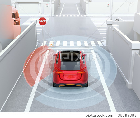 An SUV joining a trunk road by inter-vehicle communication avoids a head-on accident with a truck. Connected car concept An SUV joining a trunk road by inter-vehicle communication avoids a head-on accident with a truck. Connected car concept 39395393