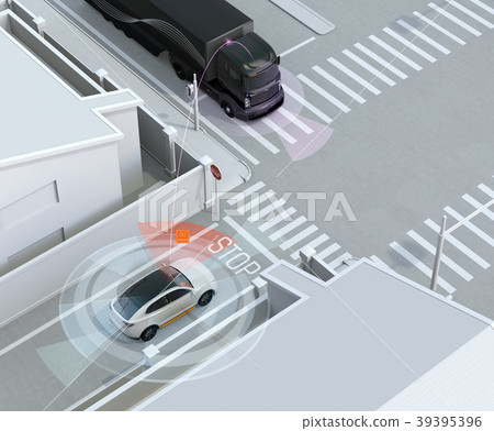 An SUV joining a trunk road by inter-vehicle communication avoids a head-on accident with a truck. Connected car concept 39395396